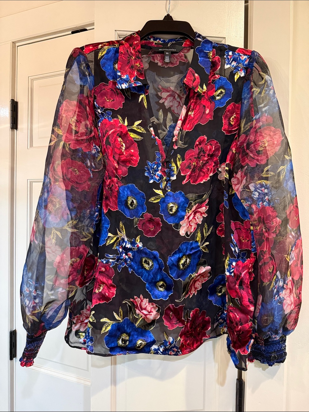 White House Black Market Black Sheer Blouse with Red & Blue Floral Print Size XL